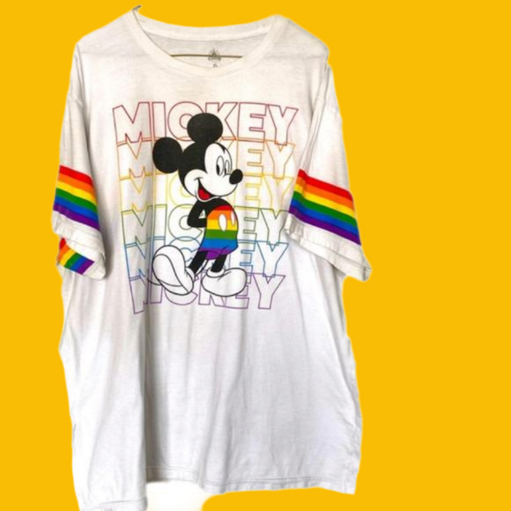 Disney Parks Rainbow Stripe Sleeve Pride Mickey Mouse White T-Shirt XL WDW
